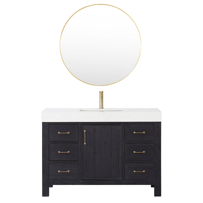 48 Inch Tamsin Black Fir Wood Vanity – Freestanding Single Sink Bathroom Cabinet with Mirror & Lightning White Top