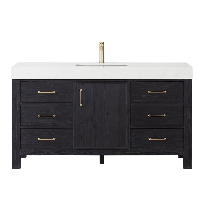 60-Inch Trellis Bathroom Vanity – Washed White Wood Cabinet with Mirror and White Composite Countertop
