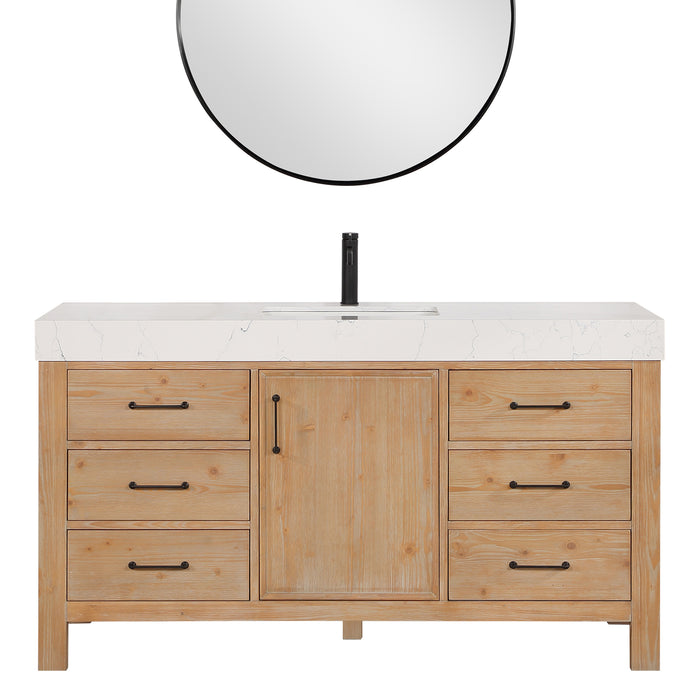 60 Inch Valor Vanity – Single Sink Brown Cabinet with Lightning White Stone Top & Soft-Close Drawers