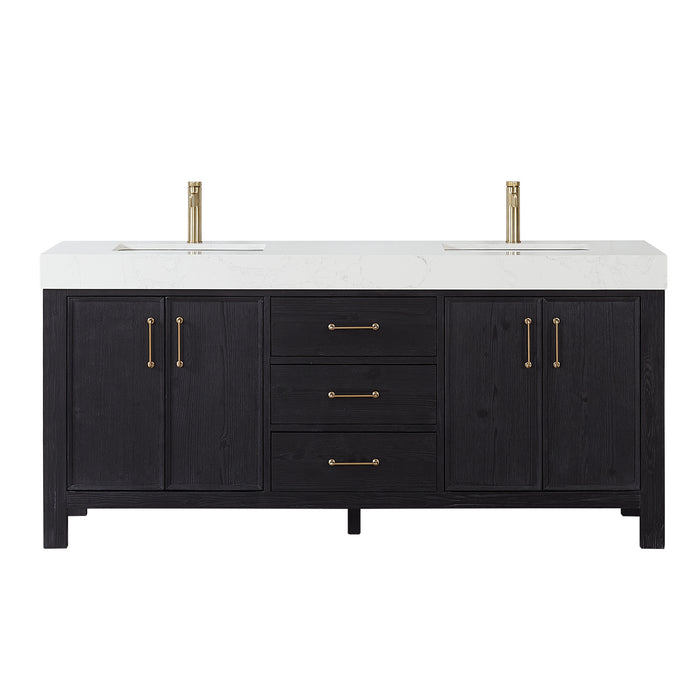 72 Inch Verve Freestanding Double Vanity – Black Wood Cabinet with Lightning White Composite Countertop & Storage