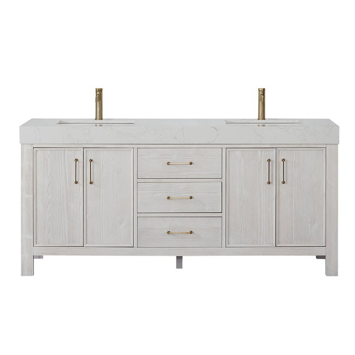 72-Inch Varnish Freestanding Vanity – Washed White Wood Double Sink Cabinet with Lightning White Composite Surface