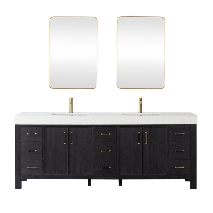 84-Inch Vireo Double Sink Vanity Set – Matte Black Freestanding Cabinet with White Countertop and Mirror