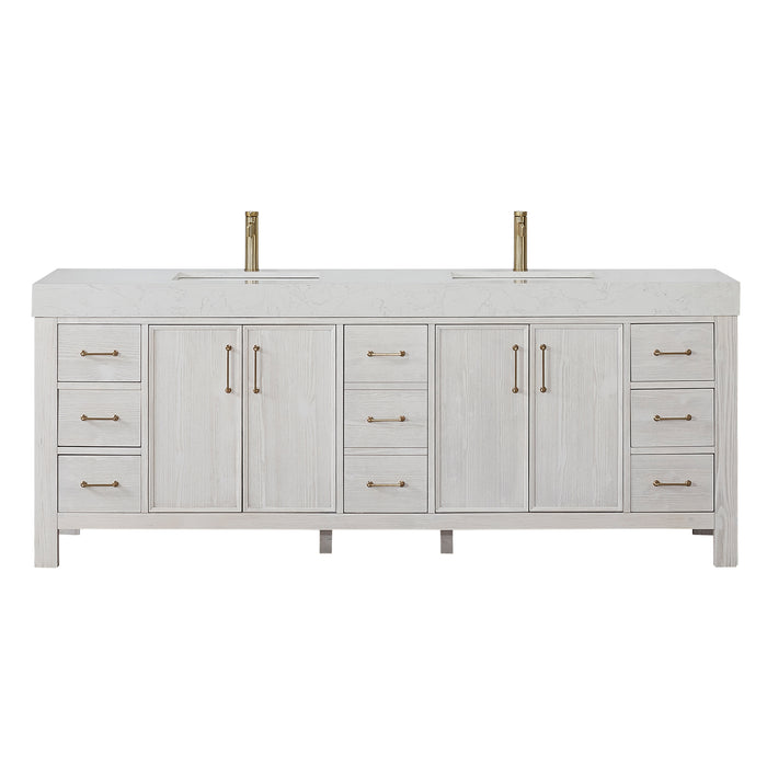 84-Inch Whisper Freestanding Vanity – Washed White Double Sink Cabinet with Soft-Close Drawers & Lightning White Top
