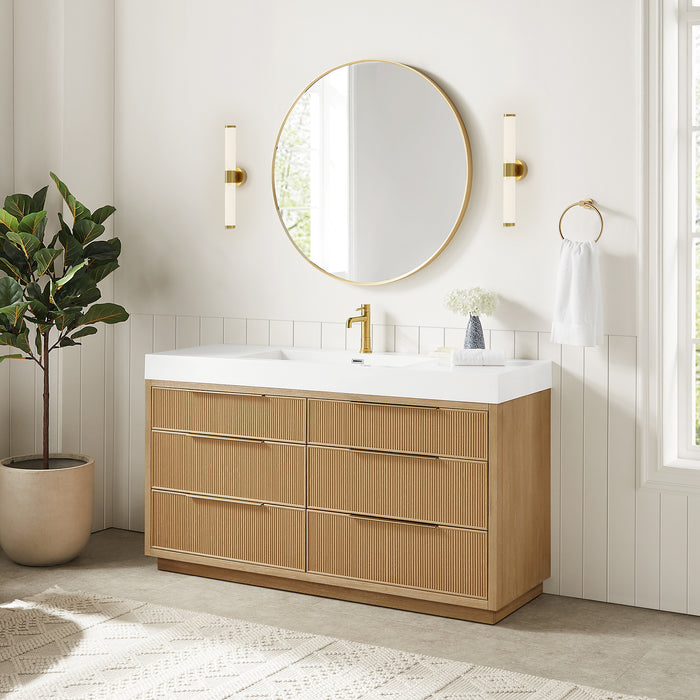 60 Inch Orenda Single Sink Bathroom Vanity – Ash Grey Wood Cabinet with Integrated White Stone Top
