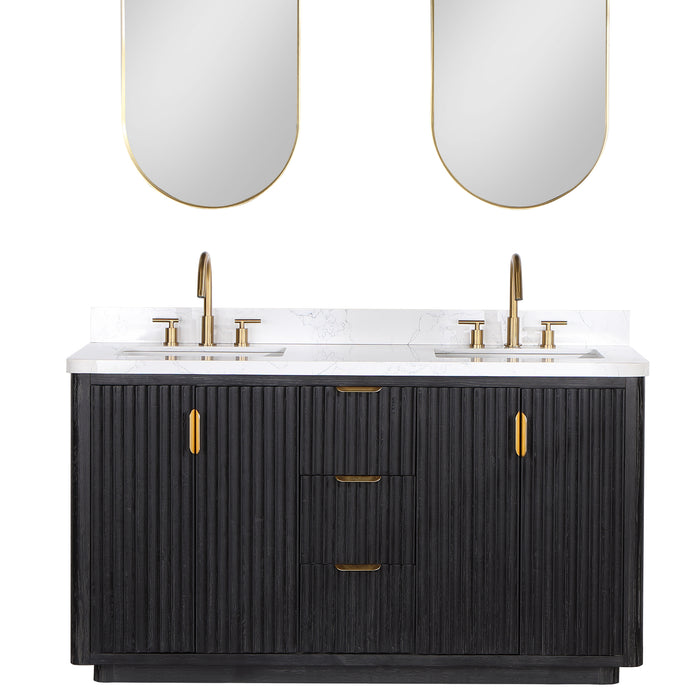 60-Inch Echo Double Vanity Set – Black Fir Wood with White Composite Countertop Dual Sinks & Mirror