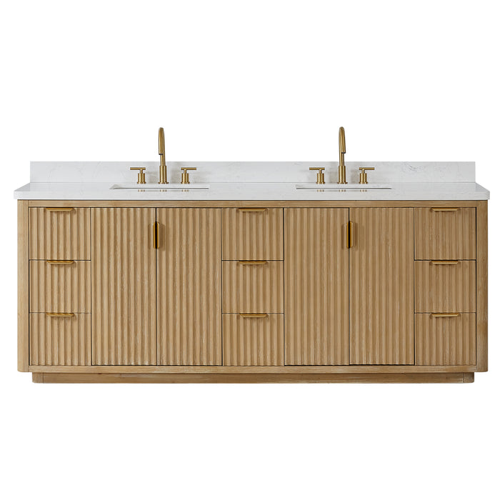 84-Inch Claret Vanity – Ash Grey Cabinet with White Composite Countertop & Double Sink