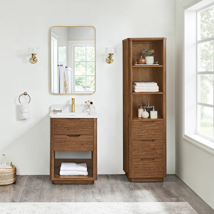 24-Inch Free-Standing Stream Oak Bathroom Vanity Weathered Brown Single Sink with Grain Stone Top