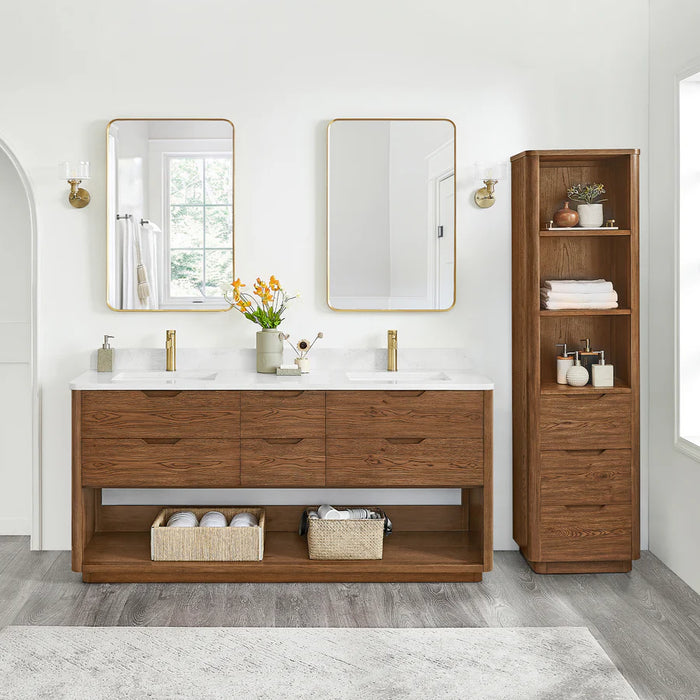 72-Inch Valley Double Bathroom Vanity Oak Weathered Brown Free-Standing Modern with Stone Top