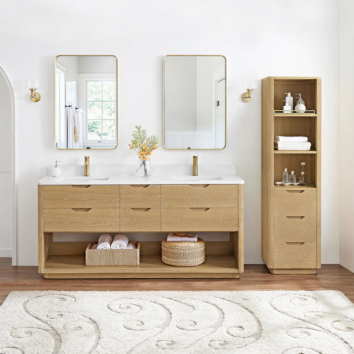 72-Inch Moon Freestanding Double Vanity - Solid Wood with White Grain Stone & Soft-Close Storage