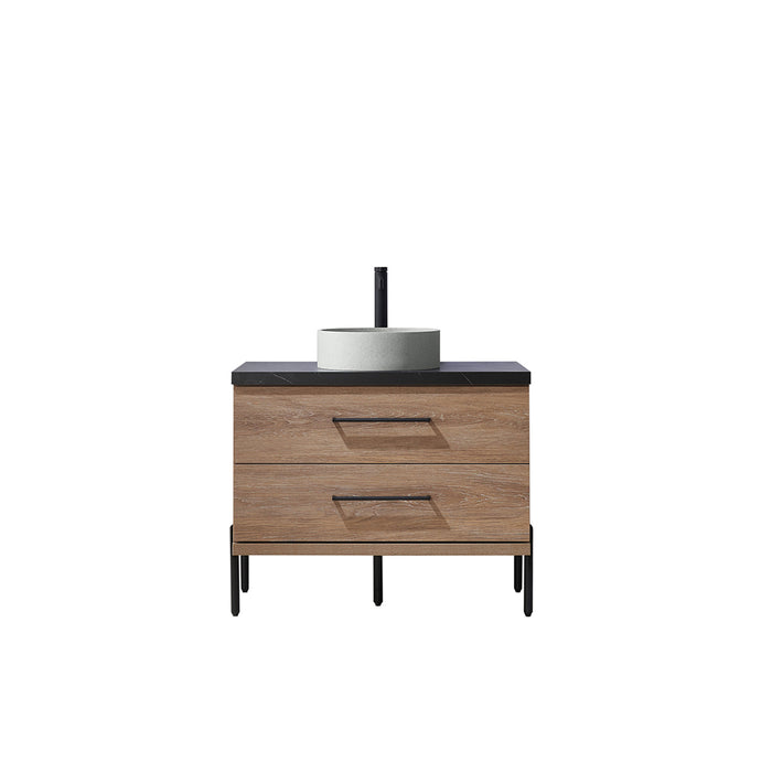 36-Inch Sabine Oak Bathroom Vanity Set - Single Sink with Black Sintered Stone Countertop & Concrete Basin