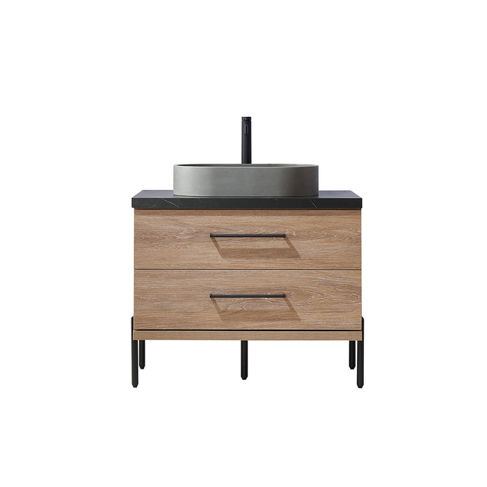 36-Inch Oak Wood Samara Single Sink Vanity - Black Sintered Stone Countertop with Concrete Sink & Soft Close Storage