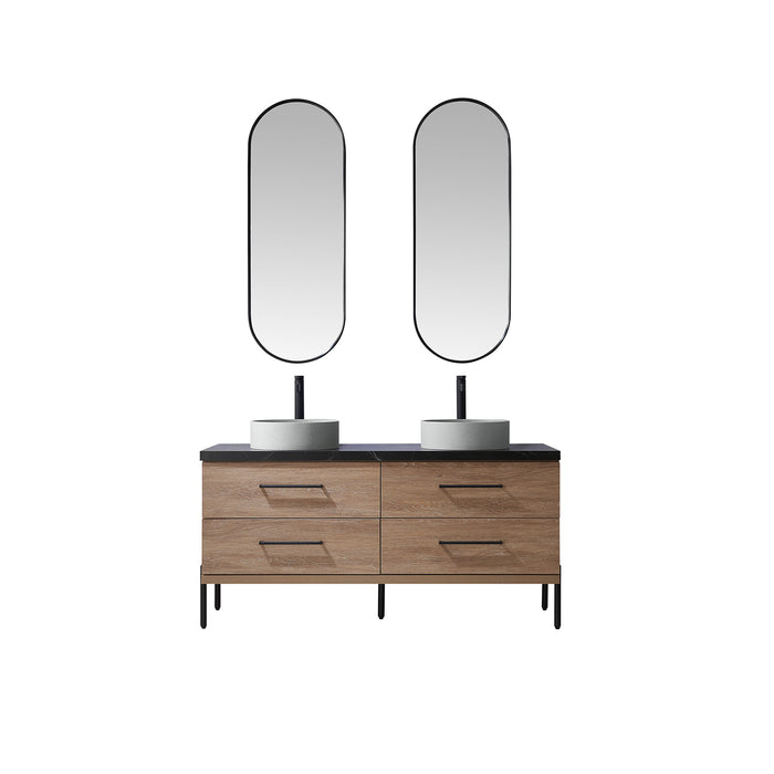 60 Inch Ariana Double Sink Bathroom Vanity in Oak with Black Stone Countertop & Mirrors