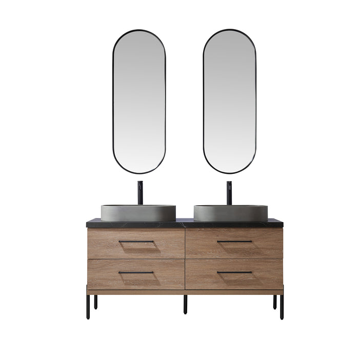 60-Inch Capitola Oak Double Sink Vanity with Black Stone Top, Concrete Vessel Sinks & Mirror