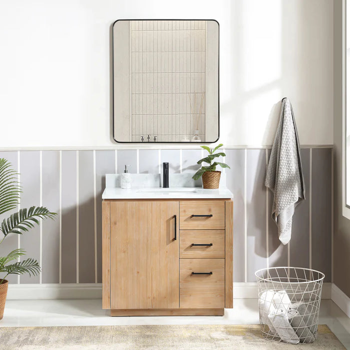 36-Inch Field Hardwood Bathroom Vanity with Composite Stone Countertop & Matching Mirror - Vinnova