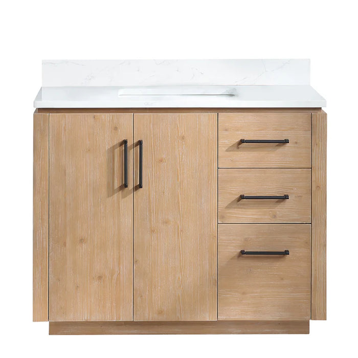 42-Inch Fir Wood Brown Rustil Single Vanity Freestanding with White Grain Stone Top & USB Outlets