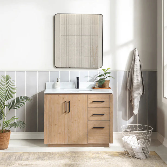 42-Inch Twilight Fir Wood Brown Single Vanity Free-Standing with White Grain Stone Top & Mirror
