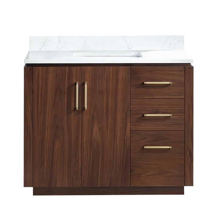 42-Inch Cedar Solid Wood Freestanding Single Bath Vanity Walnut with Composite Stone Top & Soft-Close Drawers