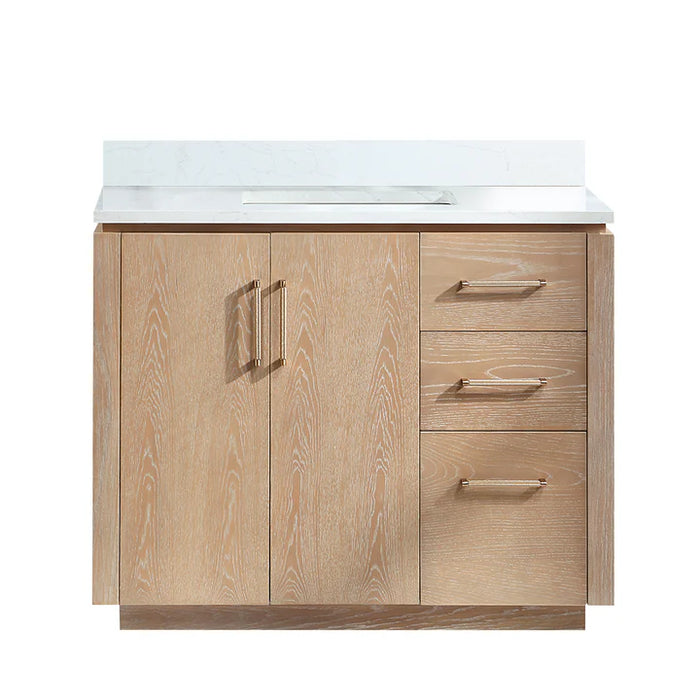 42-Inch Winter Bathroom Vanity in Washed Ash Grey with White Stone Top and USB Outlets