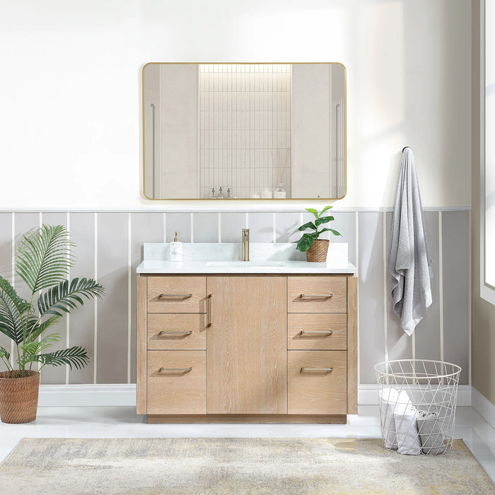48-Inch Claren Solid Wood Single Vanity Freestanding Washed Ash Grey with Stone Top and Mirror