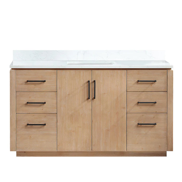 60-Inch Hardwood Amble Modern Bathroom Vanity Fir Brown Freestanding with White Stone Countertop