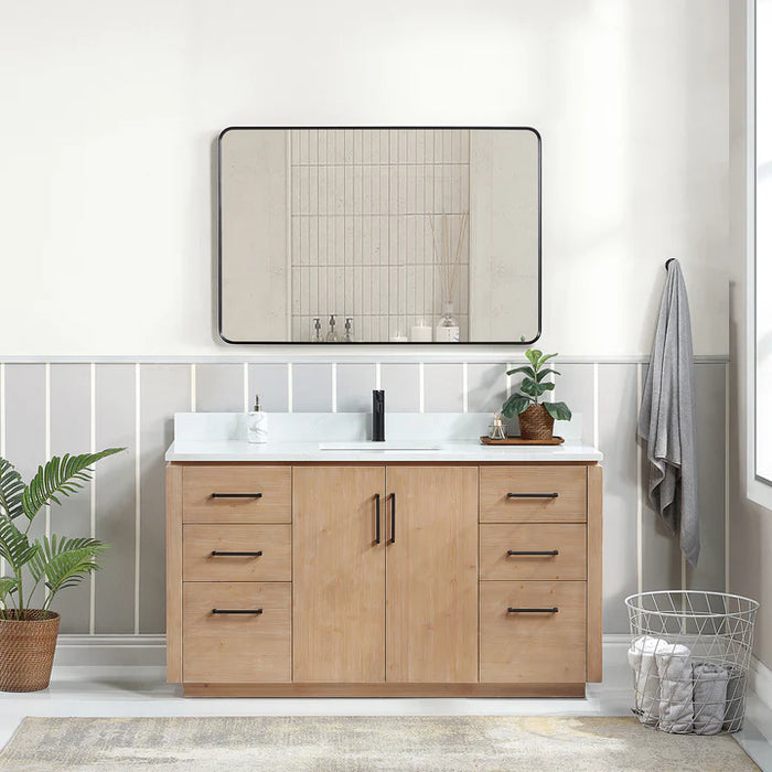 60" Evren Freestanding Bath Vanity in Fir Wood Brown - Single Sink with White Composite Stone Top & Mirror