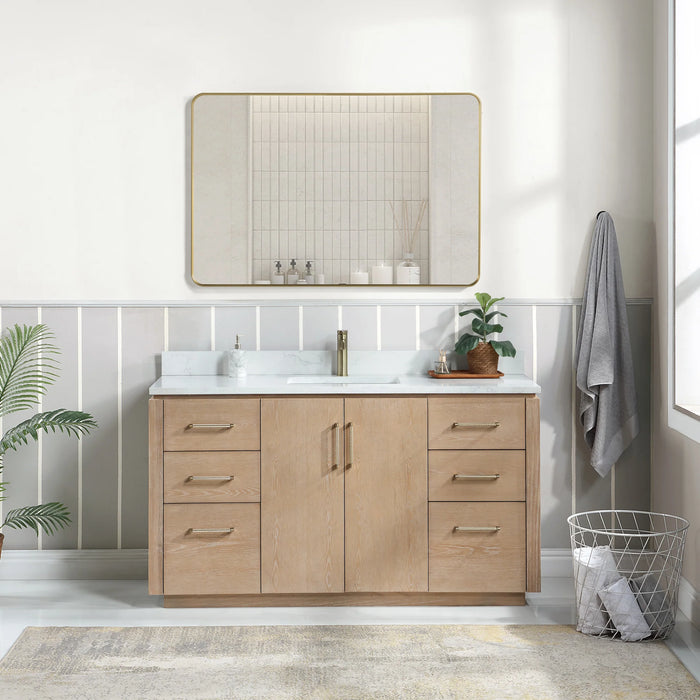 60-Inch Solid Wood Indra Bathroom Vanity - Washed Ash Grey Freestanding Single Sink with White Stone Top & Mirror