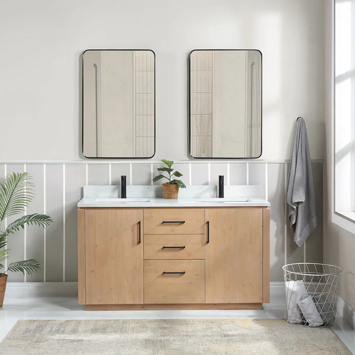 60-Inch Marlow Double Bath Vanity - Fir Wood Brown Free-standing with White Grain Composite Stone & USB Outlets