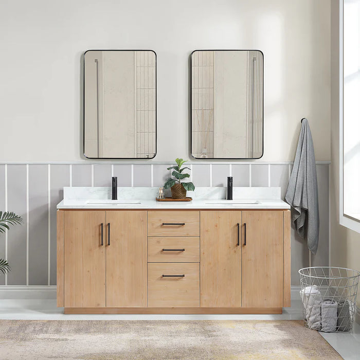 72-Inch Veyra Freestanding Double Sink Vanity in Fir Wood Brown - Includes White Grain Stone Top and Mirror