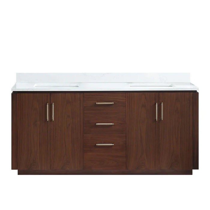 72-Inch Ulric Natural Walnut Free-Standing Double Vanity with White Grain Stone Top and Soft-Close Drawers