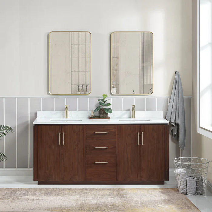 72-Inch Whitham Natural Walnut Hardwood Double Bathroom Vanity with Composite Top and Matching Mirrors