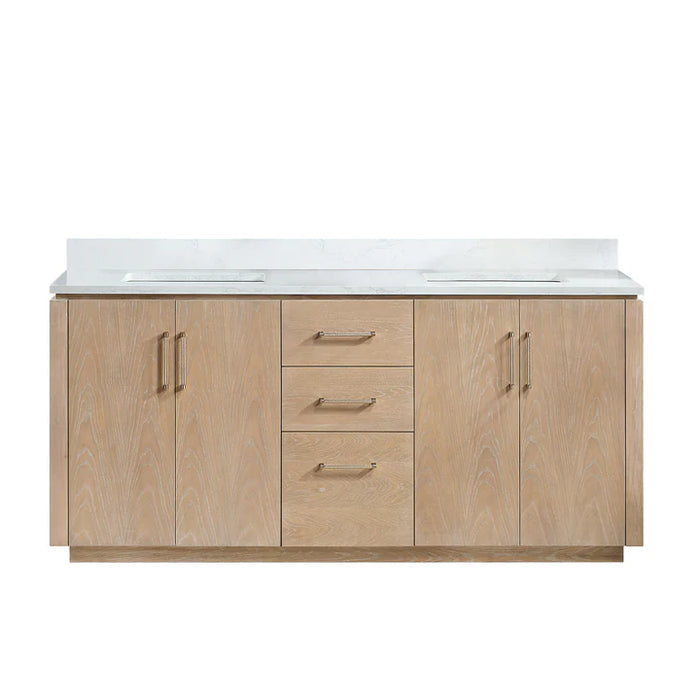 72-Inch Xylen Double Sink Bathroom Vanity Washed Ash Grey with White Grain Stone Top and USB Outlets