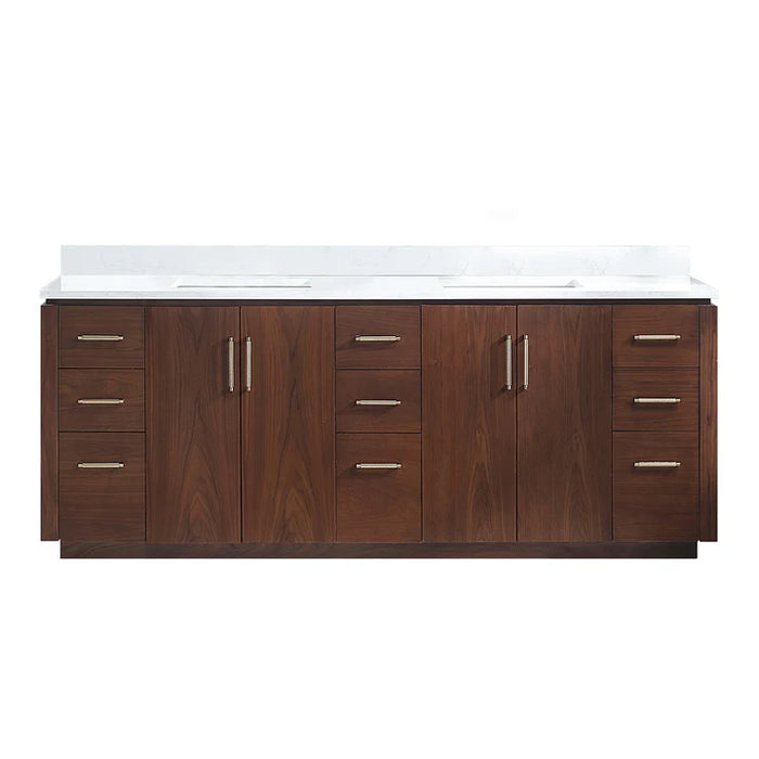 84-Inch Natural Walnut Lindee Double Sink Vanity - Free-Standing with White Composite Stone Top