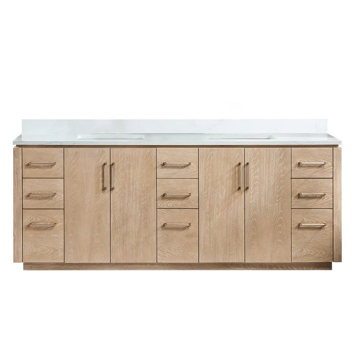 84-Inch Washed Ash Grey Maven Freestanding Double Bathroom Vanity - White Grain Stone Top with Soft-Close Drawers