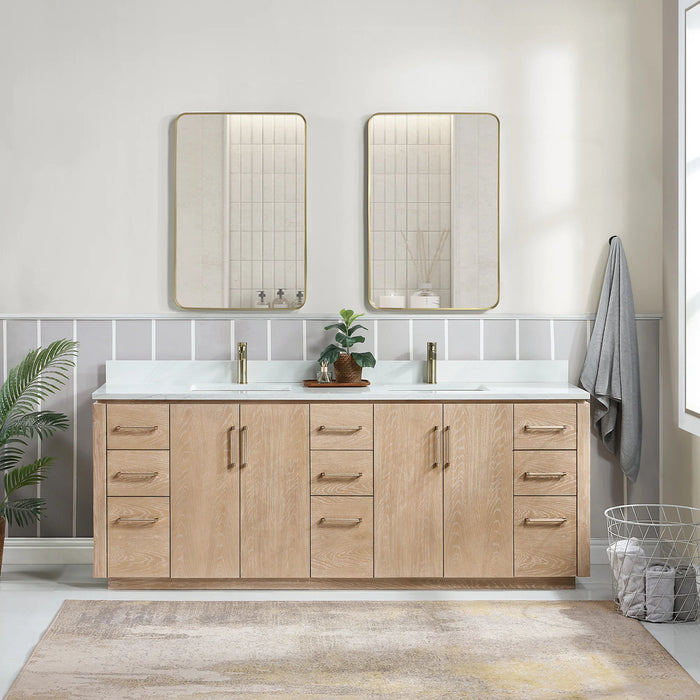 84-Inch Anela Double Sink Vanity Washed Ash Grey Wood with White Stone Top and Matching Mirror