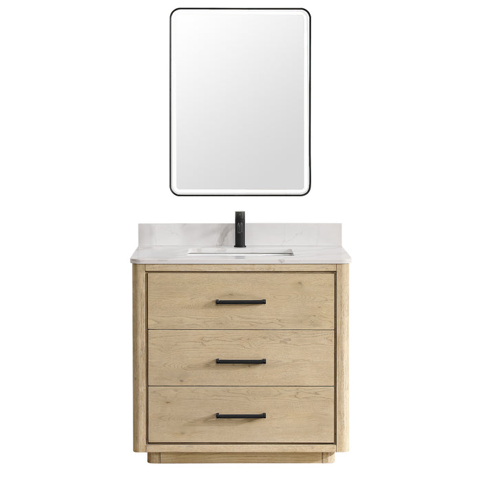 36-Inch Heirloom Aged Oak Freestanding Single Bathroom Vanity with Fish Maw White Quartz Top and Mirror