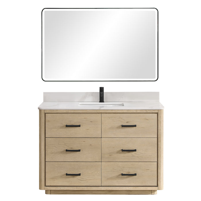 48-Inch Aged Natural Oak Hinterland Vanity - Freestanding with Fish Maw Quartz Stone Top and Mirror