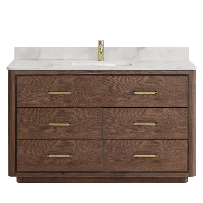 55-Inch Honeycomb Dark Brown Oak Freestanding Bathroom Vanity - Single Sink with Dovetail Drawers