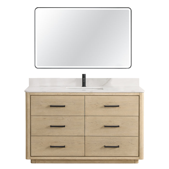 55-Inch Inglewood Aged Natural Oak Freestanding Bathroom Vanity with Fish Maw White Quartz Top & Mirror