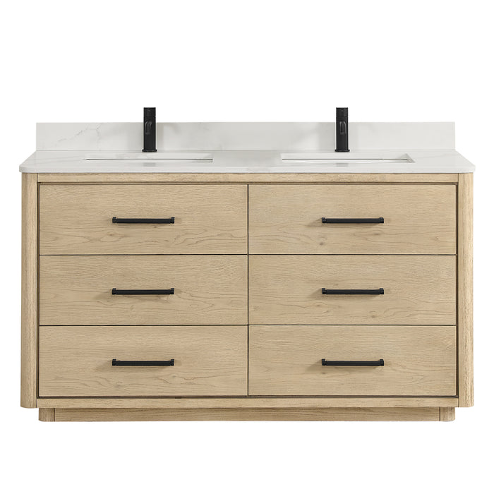 60-Inch Jacaranda Solid Oak Double Sink Vanity - White Quartz Top with Soft Close Drawers