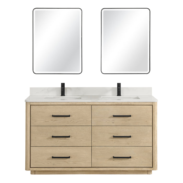 60-Inch Iridescence Solid Oak Iridescence Double Bathroom Vanity - Fish Maw White Quartz Countertop with LED Mirror