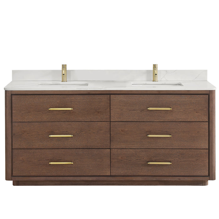 72-Inch Ivory Double Vanity Solid Oak Freestanding Dark Brown with White Quartz Stone Top