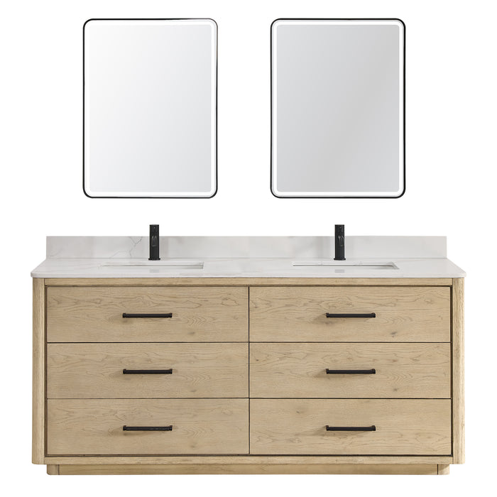 72-Inch Jamboree Solid Oak Double Bathroom Vanity Cabinet Freestanding with Quartz Countertop & LED Mirror