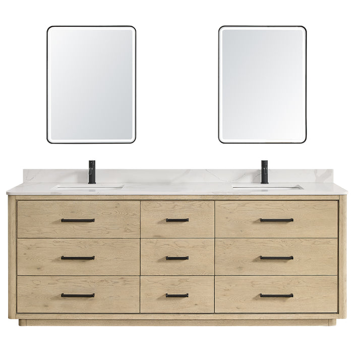 84-Inch Juncture Double Sink Vanity - Aged Oak Wood with White Quartz Countertop & Mirror