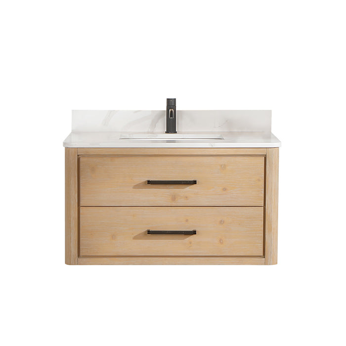 36-Inch Estrella Vanity – Floating Fir Wood Cabinet with White Quartz Countertop & Compact Single Sink
