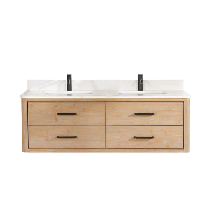 60-Inch Flair Vanity – Wall-Mounted Fir Wood Frame with Quartz Top & Dual Sink Bathroom Cabinet
