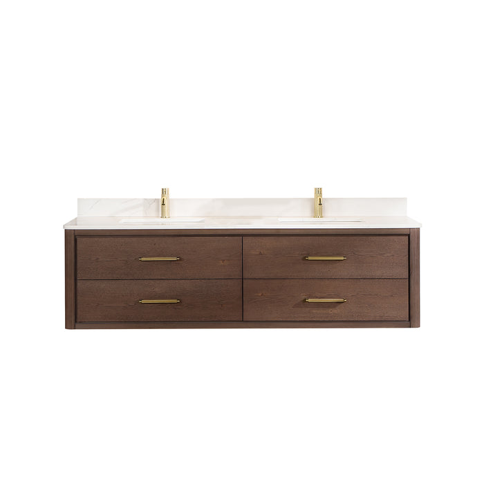 72-Inch Forte Double Sink Vanity – Floating Aged Oak Cabinet with White Quartz Surface