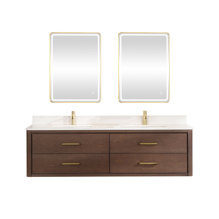 72-Inch Koa Floating Bathroom Vanity – Aged Brown Oak, Dual Sink, White Quartz Countertop & Mirror