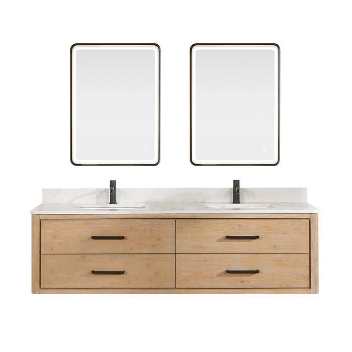 72-Inch Glow Vanity – Wall-Mounted Fir Frame with White Quartz Surface, Double Sinks & Matching Mirror