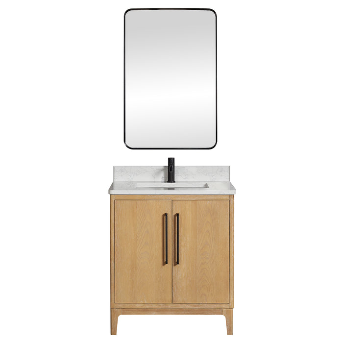 30-Inch Elm Washed Ash Grey Vanity Free-Standing Single Sink Solid Wood with White Composite Stone Top & Mirror