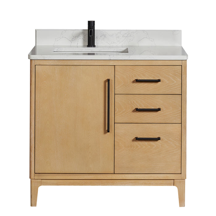 36-Inch Muse Single Vanity Free-Standing Washed Ash Grey Wood with White Grain Stone Top & Undermount Sink